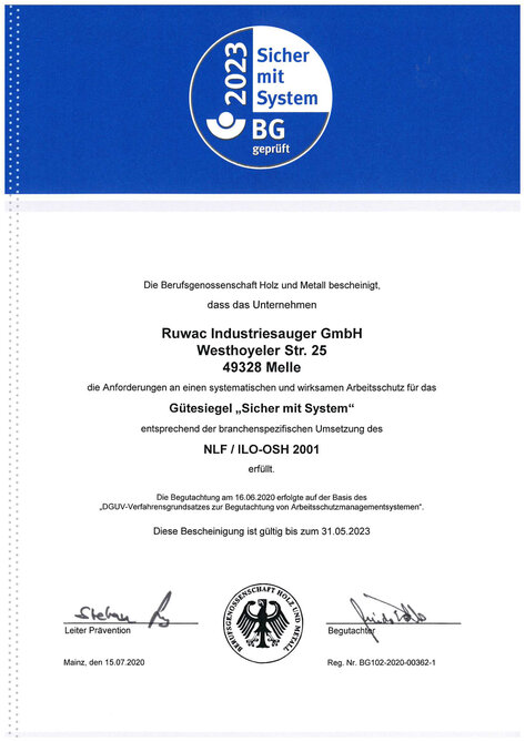 Certificatul Berufsgenossenschaft Holz und Metall (asociația profesională pentru prelucrarea lemnului și metalului) a certificat conformitatea cu cerințele privind protecția sistematică și eficientă a muncii